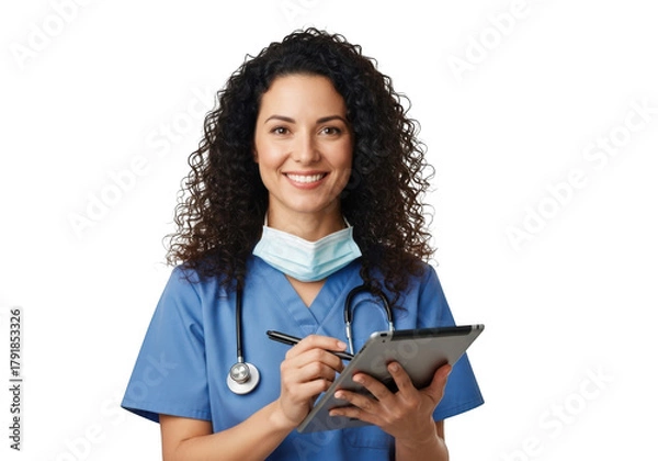 Fototapeta Portrait of a happy nurse in scrubs with tablet and stethoscope