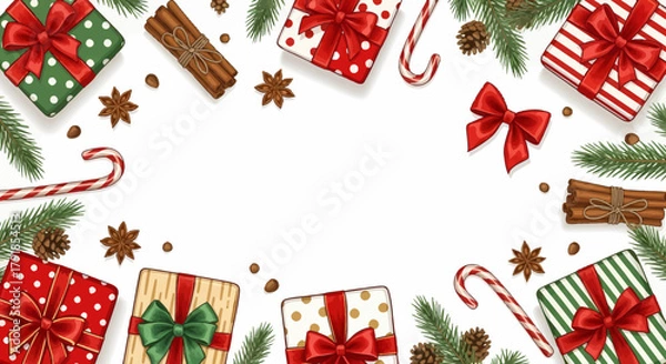 Fototapeta Capture the magic of the holidays with this festive frame featuring beautifully wrapped gifts, winter spices, and pine branches, perfect for adding a touch of Christmas cheer.