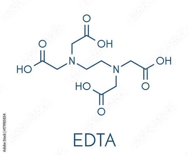 Fototapeta Cząsteczka środka kompleksującego EDTA (kwas etylenodiaminotetraoctowy). Stosowany w leczeniu zatruć ołowiem oraz w odkamieniaczach do usuwania kamienia. Formuła szkieletowa.