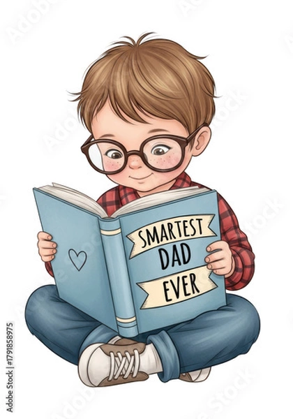 Fototapeta Little boy in glasses reading "smartest dad ever" book happily