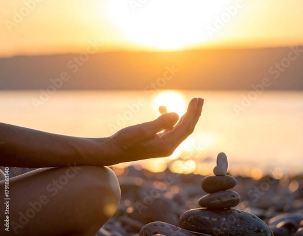 Fototapeta Close-up of a hand meditating near a rock stack at sunset