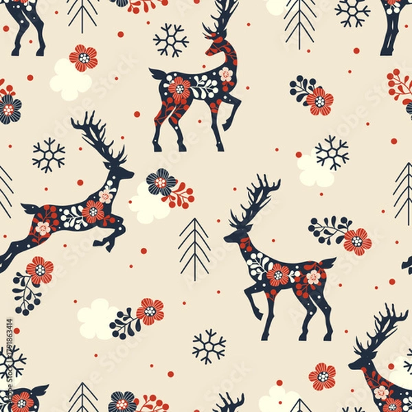Fototapeta Winter holiday pattern. Seamless background with deers, snowflakes, herbs and flowers. Celebration design for paper, cover, fabric, interior decor.