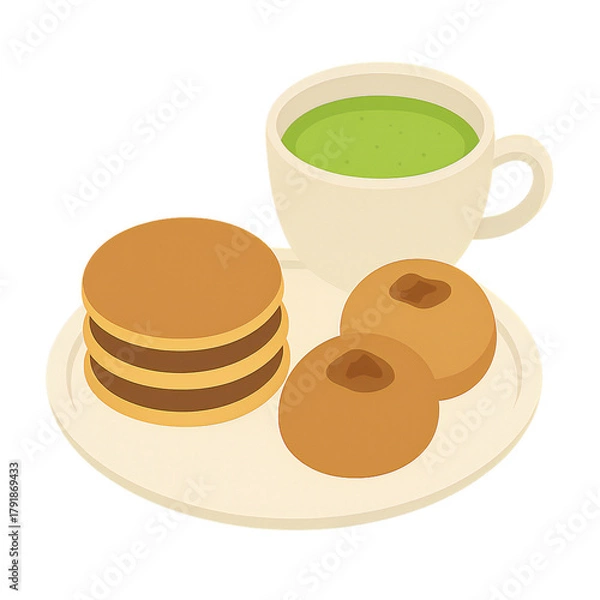 Obraz 抹茶と和菓子の盛り合わせイラスト。どら焼きや饅頭と抹茶をセットにした和風スイーツのティータイムを表現したデザイン素材