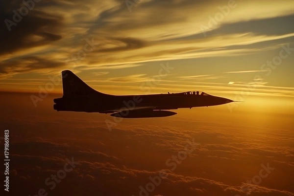Obraz A fighter jet silhouette gracefully cuts through the vibrant orange sky at sunset