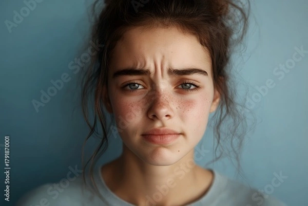 Obraz A young girl with freckles and a worried expression, set against a blue background