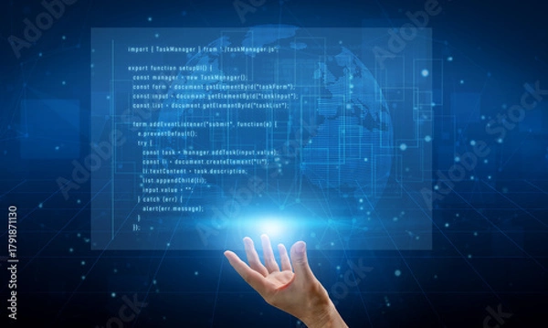 Fototapeta Script programming for task manager user interface, handling form submission, input validation, task list rendering, and exception alerts with dynamic DOM interaction Vouch