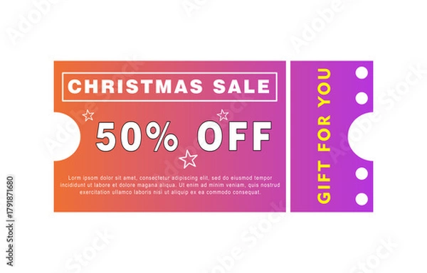 Fototapeta Beautiful modern gradient color 50% off Christmas sale coupon card design for business or advertising and promotions