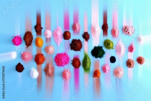 Fototapeta A collection of small piles of colorful powders, including pink, orange, brown, green, and white, are arranged in rows on a blue surface with a motion blur effe