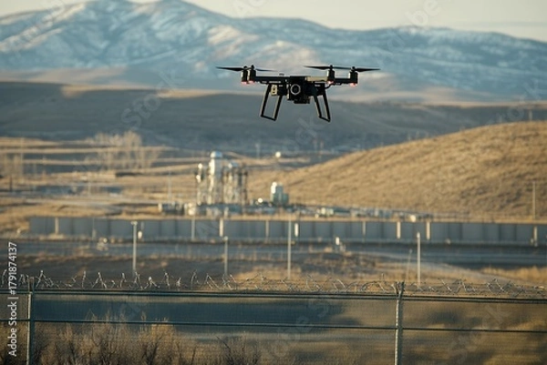 Obraz A surveillance drone hovers over an industrial area, illustrating technology's role in security and monitoring