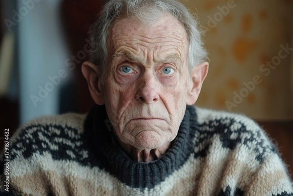 Obraz A close-up portrait of a thoughtful elderly man wearing a patterned sweater, evoking emotion and wisdom