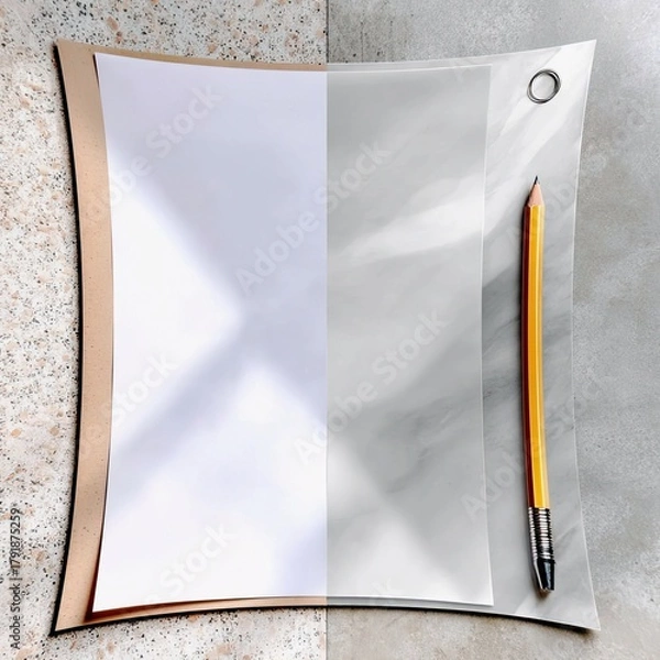 Fototapeta A yellow pencil rests on a translucent sheet of paper next to a blank white sheet, all laid out on a speckled surface.