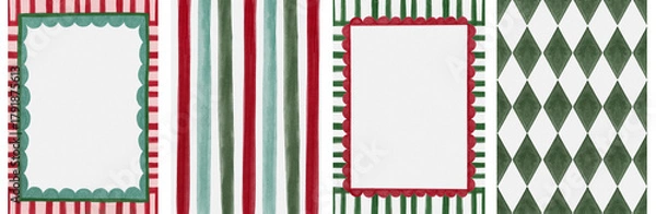 Fototapeta Festive Christmas frame template set, watercolor stripes, scalloped borders, and harlequin diamond backgrounds in red and green. Use for holiday invitations, greeting cards, posters, and print.