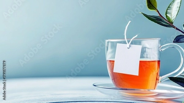 Fototapeta A clear glass mug filled with amber-colored tea sits on a saucer, with a blank white tag hanging from the tea bag and green leaves framing the scene.