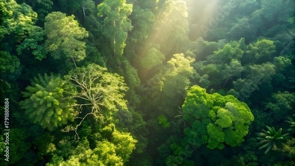 Fototapeta Rainforest Canopy Seen From Above With Patches Of Light Filtering Through Revealing Lush Greenery, Natural Patterns, And The Breathtaking Diversity Of Untouched Tropical Wilderness