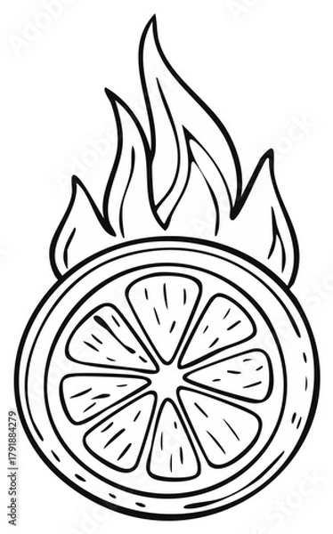 Fototapeta Hand-drawn Citrus Slice with Flames - Monochrome Fruit Vector Illustration