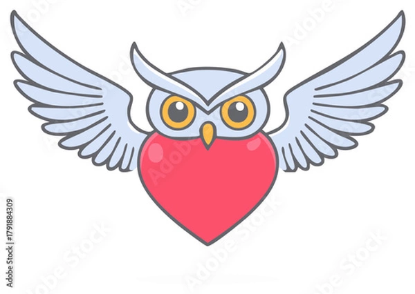 Fototapeta Charming Flat Design Owl with Wide Open Wings and a Big Red Heart for its Body
