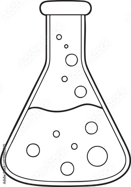 Fototapeta Laboratory flask outline illustration with liquid bubbles, scientific experiment and chemistry education design