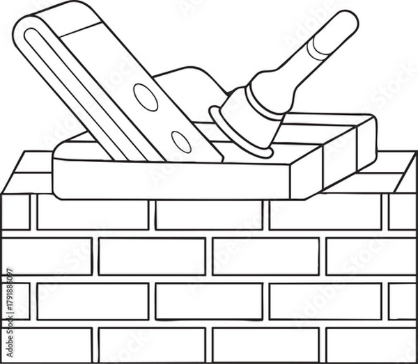 Fototapeta Masonry trowel and brick hammer outline illustration on half-built wall symbolizing construction craftsmanship