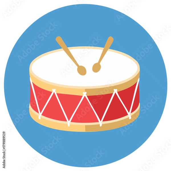 Fototapeta Illustration of a Red Drum with Drumsticks on Blue Background Music Instrument Icon Flat Design Percussion, Celebration Rhythm