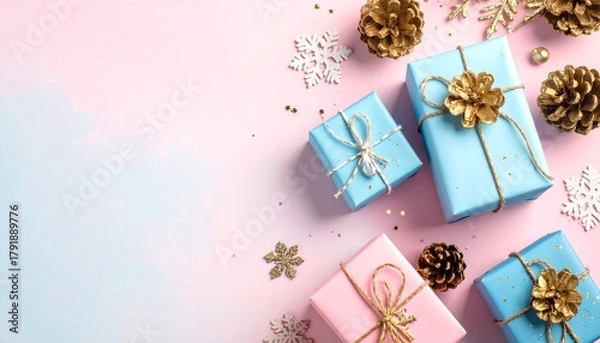 Fototapeta blue and pink holiday gift scene with pinecones and snowflake ornaments on pastel background