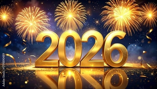 Fototapeta 2026 New Year celebration with gold glitter numbers and fireworks