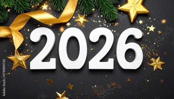 Fototapeta 2026 New Year celebration with white numbers, gold stars, and pine branches on dark background