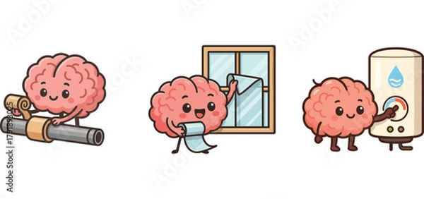 Fototapeta cute brain character fixing pipes and checking water heater