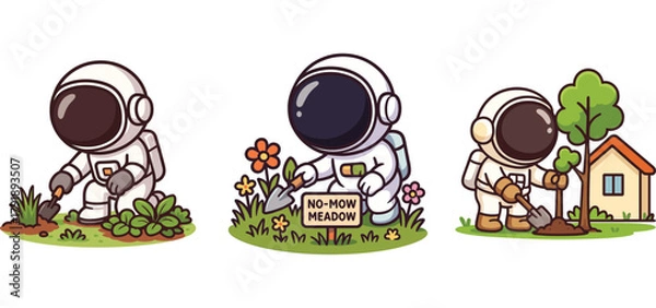 Obraz cute astronaut caring for flowers and relaxing near home garden