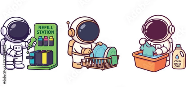 Obraz cute astronaut recycling bottles and sorting eco waste