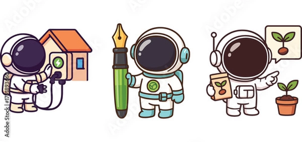Obraz cute astronaut caring for plants and building small birdhouse