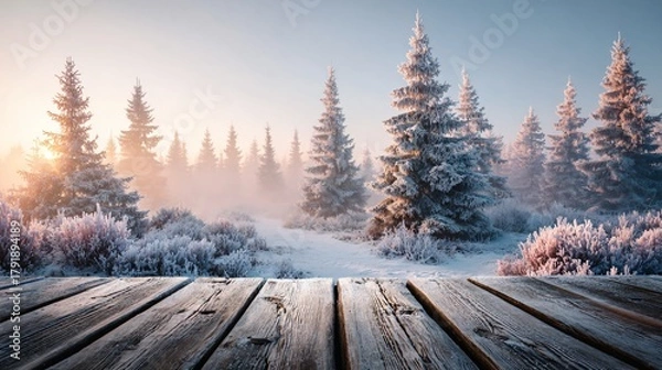 Fototapeta Winter wonderland scene with snow covered trees and a wooden deck foreground, winter blurred background