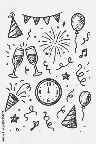 Obraz New Year Party Doodle Vector Set — Hand Drawn Festive Celebration Sketch Illustration in Black and White