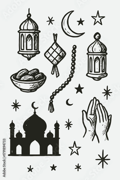Fototapeta Ramadan and Eid Doodle Set — Hand Drawn Islamic Festive Sketch Vector Illustration in Black and White