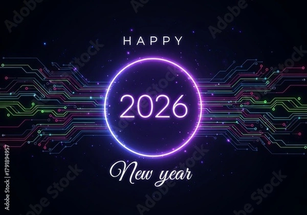 Fototapeta Happy new year 2026 digital circuit neon glowing card