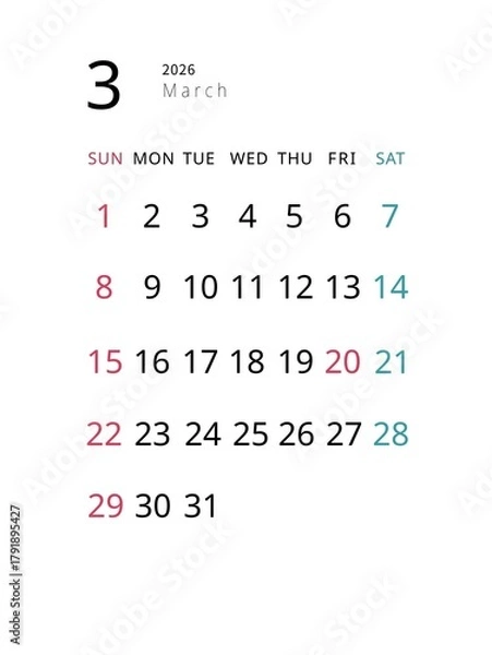 Fototapeta Simple March 2026 Calendar, Vertical