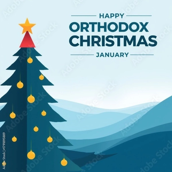 Fototapeta Happy orthodox christmas january greeting with decorated tree and snowy mountains