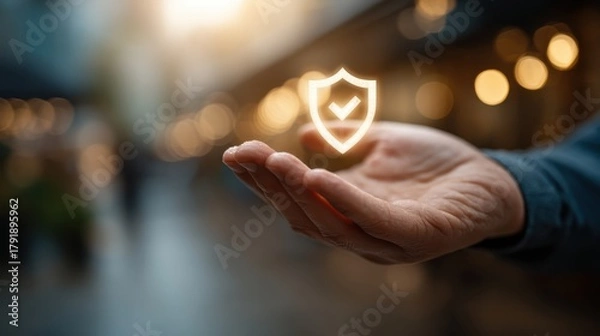 Fototapeta A hand holds a glowing shield symbol, representing security and trust, with a blurred background of warm lights.