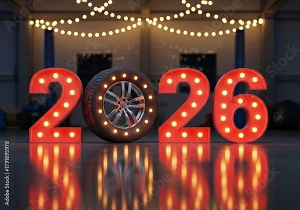 Fototapeta Automotive 2026 concept with illuminated tire display