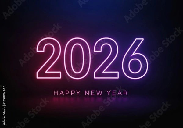 Fototapeta Happy new year 2026 glowing neon sign digital design