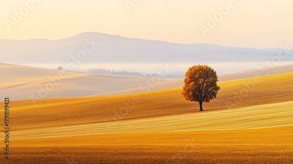 Fototapeta Golden field, lone tree, sunrise