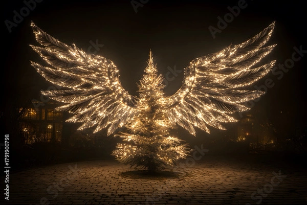 Fototapeta A Christmas tree whose lights form angelic wings glowing in the night, symbolizing divine love and joy