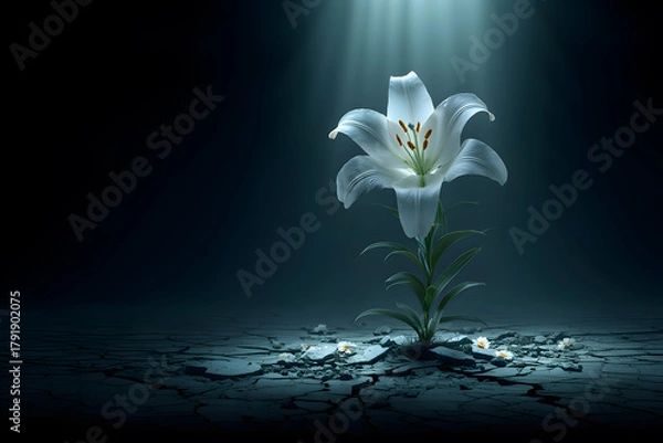Fototapeta A single blooming white lily rising from cracked stone, purity and resurrection symbolism
