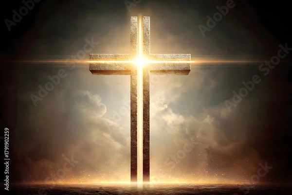 Fototapeta Light bursting from the horizon forming a subtle cross in the clouds, symbol of resurrection and new beginnings