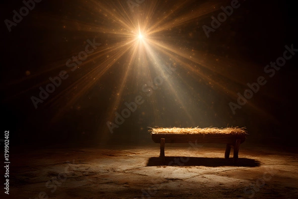 Fototapeta An empty manger bathed in golden starlight beneath a radiant Bethlehem star, symbol of divine birth and hope