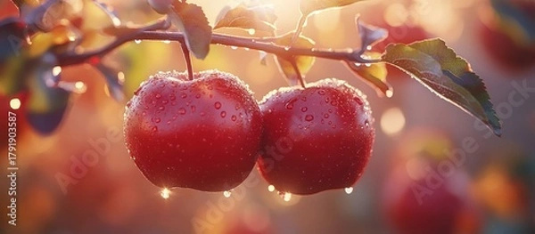 Fototapeta Orchard sunrise Dewy apples