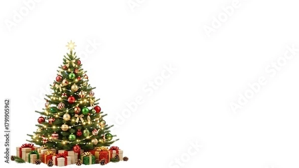 Fototapeta Decorated Christmas Tree with Wrapped Gifts Boxes On the floor and on the empty blank space for postcard designs 