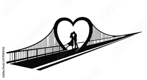 Fototapeta Silhouette of a loving couple embracing on a bridge shaped like a heart, symbolizing romance and connection.