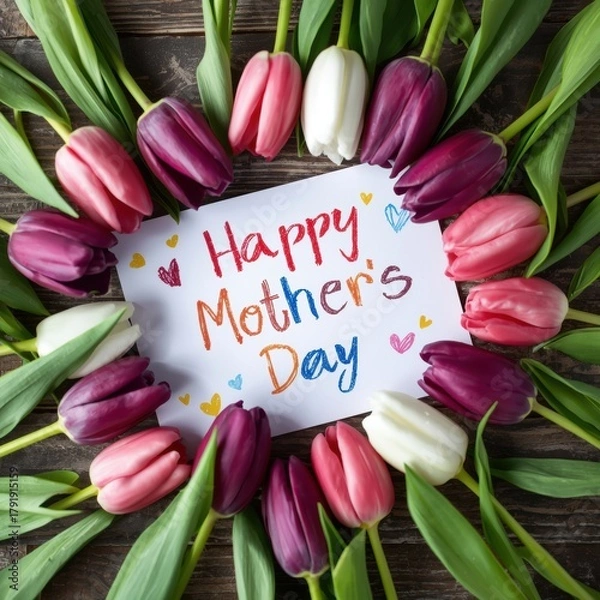 Fototapeta Colorful tulips arranged around happy mothers day card