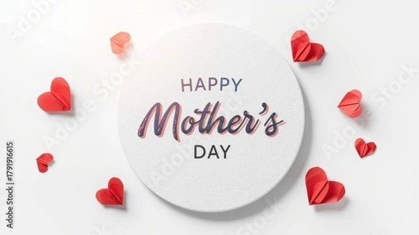 Fototapeta Happy mothers day text on white circle surrounded by red hearts on white background