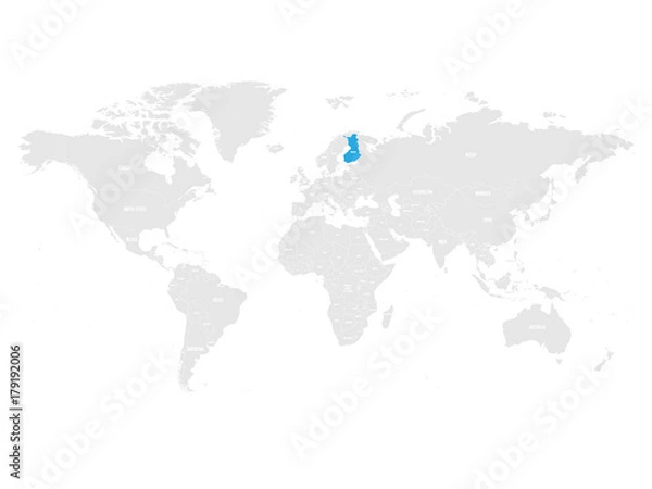 Fototapeta Finland marked by blue in grey World political map. Vector illustration.